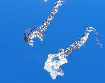 Mismatched Moon and Star Earrings: Sterling Silver Celestial Jewelry