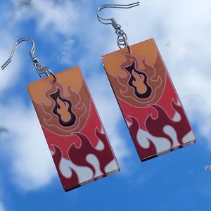 Flame hanafuda dangle earrings, anime aesthetic, anime earrings, kawaii jewelry, alternative fashion accessory, cosplay accessory gift image 2