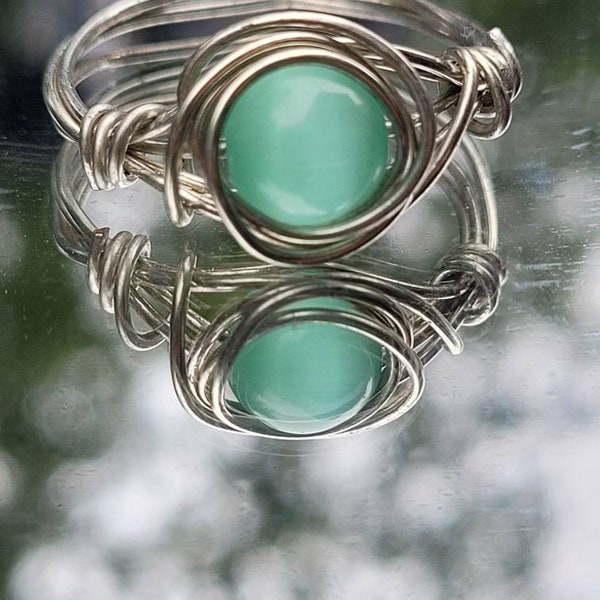 Aqua Cats Eye wire wrapped ring, Statement ring, Simple jewelry, Wire wrapped jewelry, Genuine Stone, Cottagecore, Gift for Her