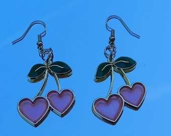 Cherry Heart Sterling Silver Earrings: Y2K Kawaii Jewelry