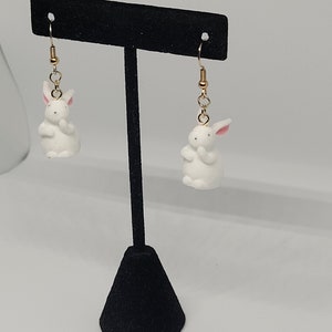 Fuzzy white rabbit dangle earrings, whimsical statement jewelry, cottagecore fashion accessory, cute gift ideas for her, summer trends image 4