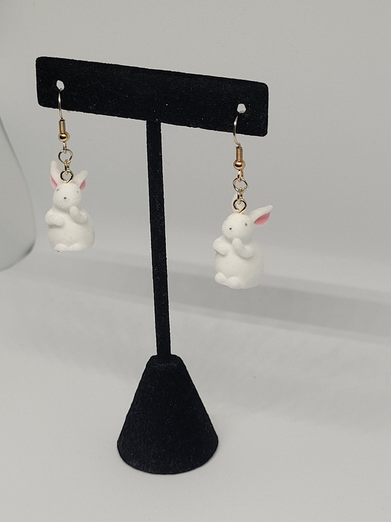 Fuzzy white rabbit dangle earrings, whimsical statement jewelry, cottagecore fashion accessory, cute gift ideas for her, summer trends image 4