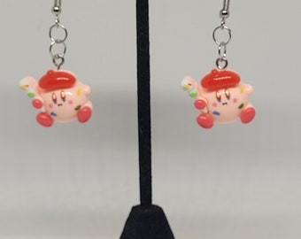 Painter kirby dangle earrings, video game inspired statement jewelry, kawaii anime fashion accessory, gift ideas for her, spring trends