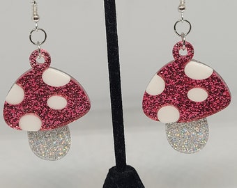 Sparkly pink mushroom dangle earrings, quirky cottagecore statement jewelry, alternative fashion accessory, holiday gift ideas for her