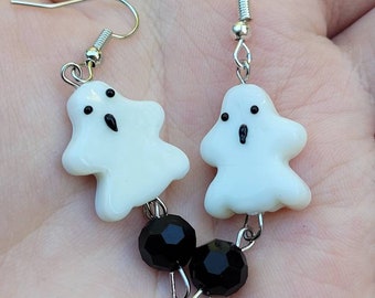 Beaded ghost earrings, spooky Halloween statement jewelry, horror movie fashion accessory,  alternative gift ideas for her, gothic earrings