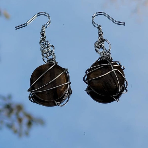 Circle Tigers Eye wire wrapped earrings, genuine stone statement jewelry, bohemian fashion accessory, gift ideas for her, spring fashion