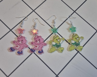 Beaded Care Bear Earrings, 90s Nostalgic Statement Jewelry, Kidcore fashion accessory, whimsical gift ideas for her, kitsch summer trends