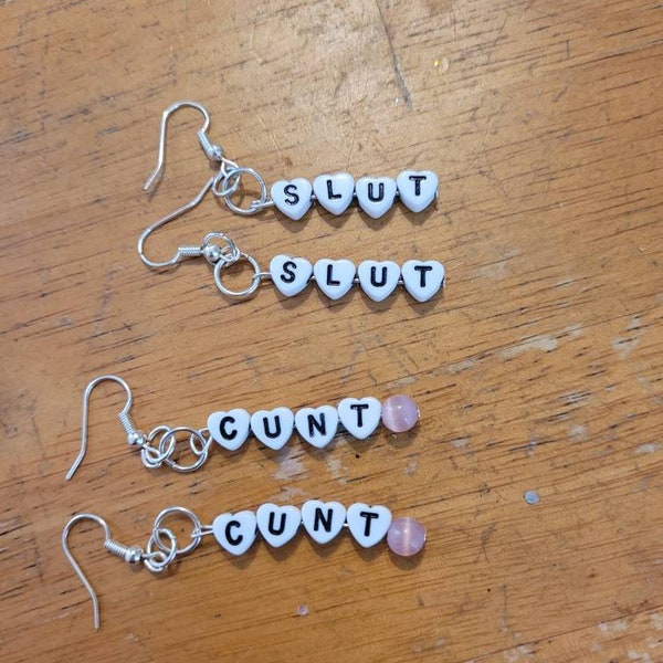 Raunchy profanity swear word dangle earrings, slut earrings, Y2K statement jewelry, 2000s style fashion accessory, adult gift ideas