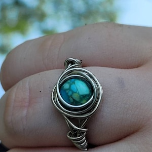 Blue Aqua Simulated Stone Copper Wire Wrapped Ring: Cottagecore Jewelry