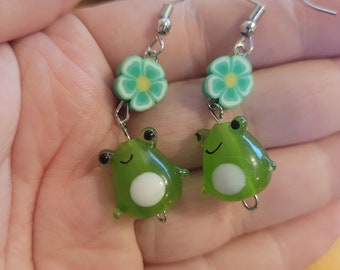 Floral glass beaded frog earrings, springtime statement jewelry, cottagecore fashion accessory, spring trends, mother's day gift ideas