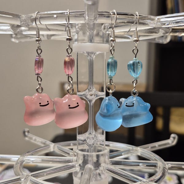 Ditto Earrings, Cute Pink and Blue Cloud and Heart Dangle Jewelry, Kawaii Cartoon Character Accessories, Gift for Kids and Teens