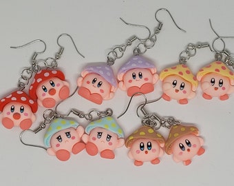 Mushroom Kirby dangle earrings, video game inspired statement jewelry, cottagecore fashion accessory, gift ideas for her, spring trends