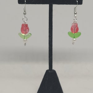 Handmade Red Tulip Dangle Earrings: Pearl Floral Jewelry