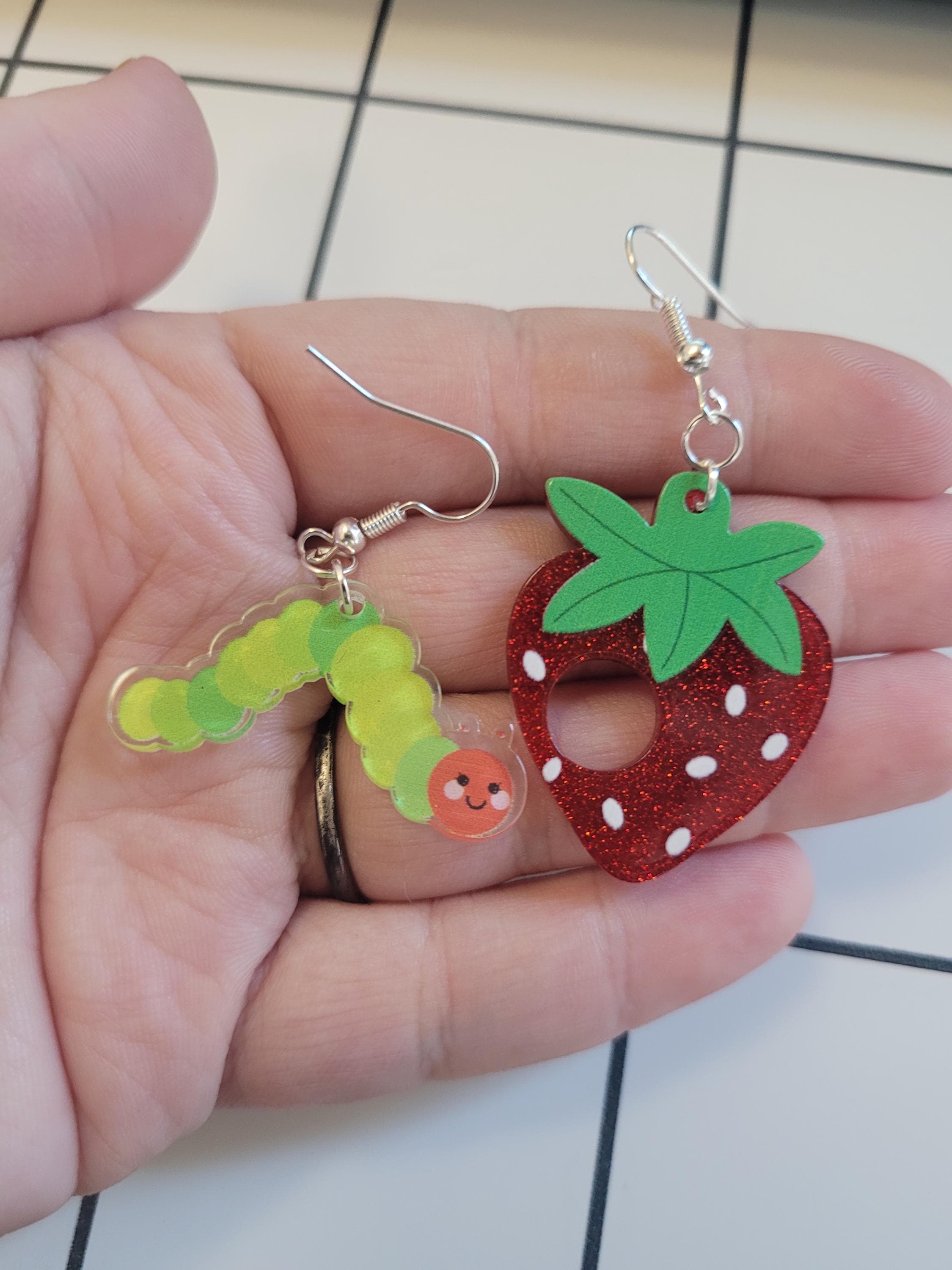Green Caterpillar Dangle Earrings | Strawberry Jewelry, Hungry Caterpillar Inspired Statement Accessory for Kids & Adults