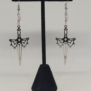 Ornate silver dagger beaded dangle earrings, ren faire inspired statement jewelry, alternative fashion accessory, fantasy gifts for her image 1