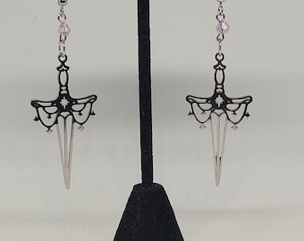 Ornate silver dagger beaded dangle earrings, ren faire inspired statement jewelry, alternative fashion accessory, fantasy gifts for her