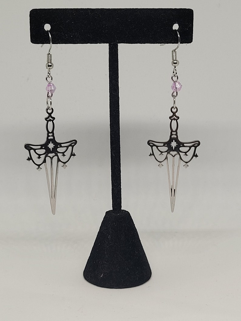 Ornate silver dagger beaded dangle earrings, ren faire inspired statement jewelry, alternative fashion accessory, fantasy gifts for her image 1