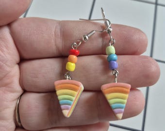Rainbow beaded cake dangle earrings, colorful resin slice jewelry, fun summer accessories, LGBTQIA pride accessory, gay pride gifts for her