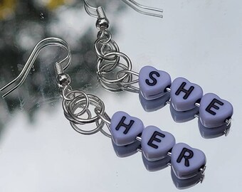 LGBTQ Pride Pronoun dangle earrings, pride jewelry, Kidcore aesthetic, simple jewelry, beaded accessory, statement earrings, gift ideas