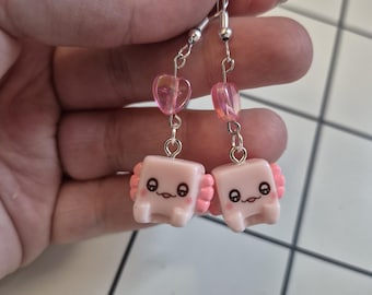 Block axolotl beaded earrings, kawaii pastel pink jewelry, cute animal dangle earrings, handmade gift for her, whimsical accessories