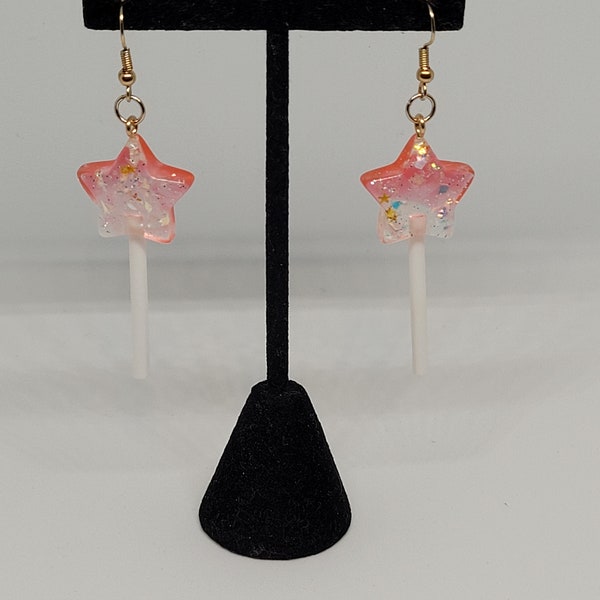 Pink star lollipop earrings, candy themed statement jewelry, fake food fashion accessory, holiday gift ideas for her, holiday trends