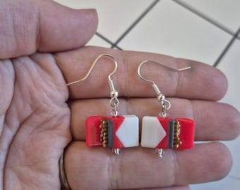 Red cigarette pack dangle earrings, smoking themed statement jewelry, alternative fashion accessories, unique and quirky gifts for smokers