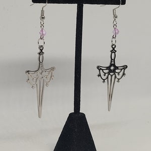 Ornate silver dagger beaded dangle earrings, ren faire inspired statement jewelry, alternative fashion accessory, fantasy gifts for her image 3
