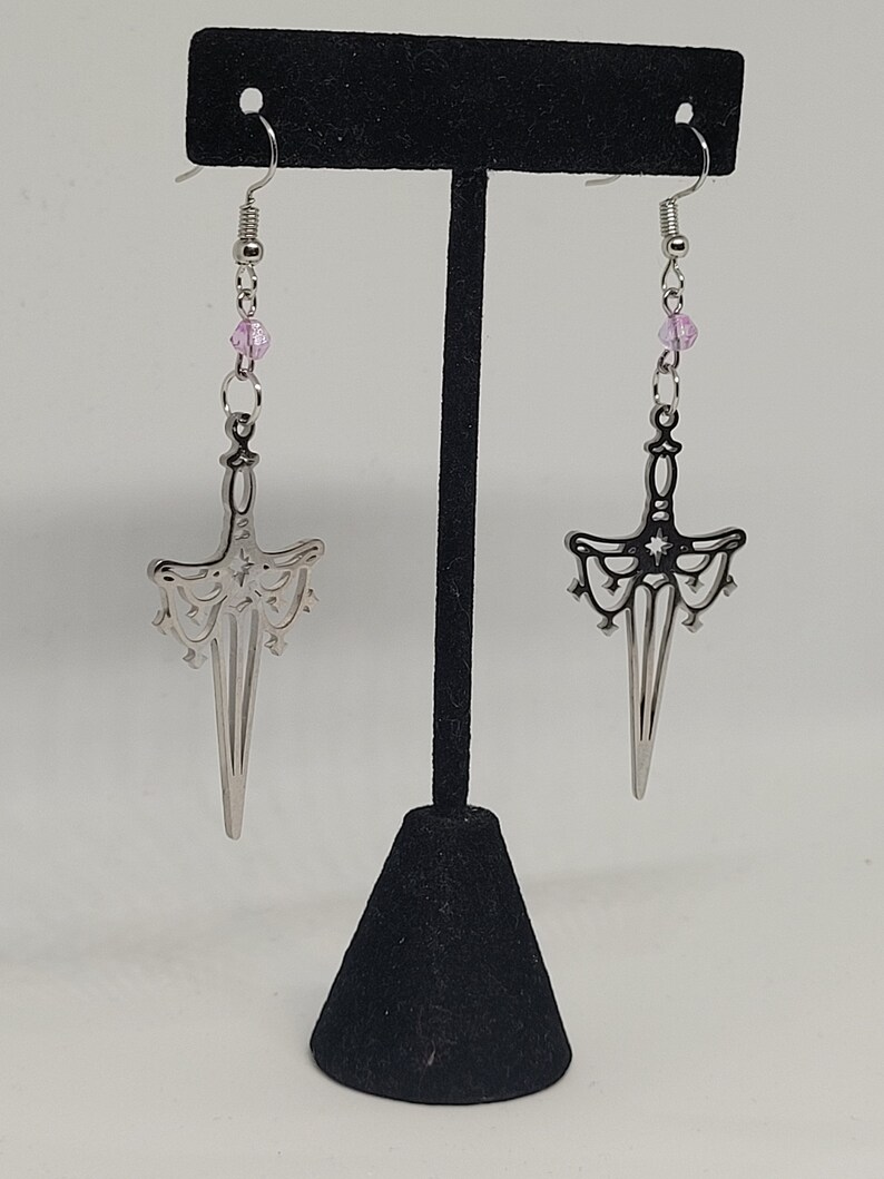 Ornate silver dagger beaded dangle earrings, ren faire inspired statement jewelry, alternative fashion accessory, fantasy gifts for her image 3