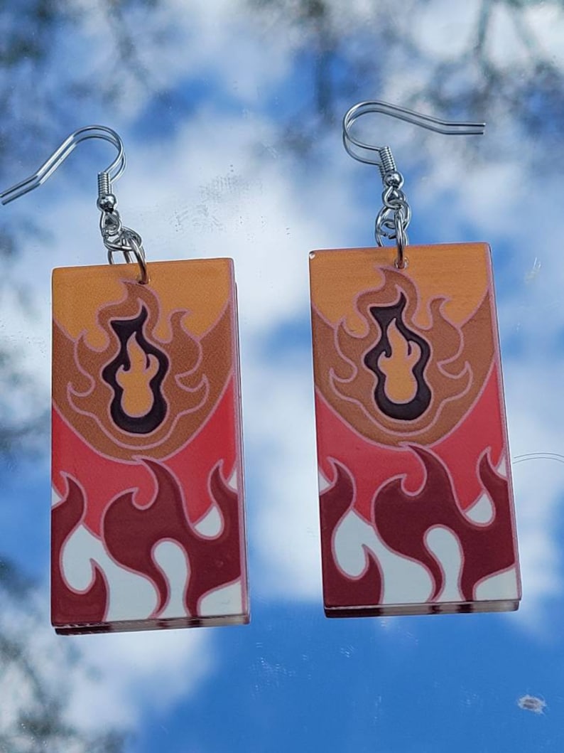 Flame hanafuda dangle earrings, anime aesthetic, anime earrings, kawaii jewelry, alternative fashion accessory, cosplay accessory gift image 1