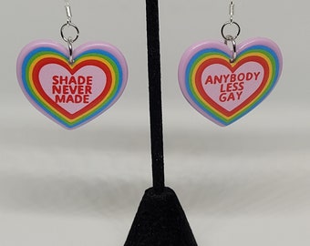 Shade Never Made Anybody Less Gay dangle earrings, swiftie statement jewelry, lgbtq pride fashion accessory, pride parade gift, eras merch