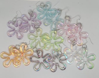 Iridescent Flower Dangle Earrings: 60s Hippie Style, Sterling Silver Hooks