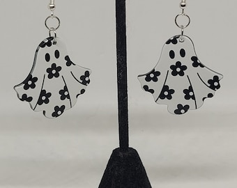Floral Ghost Dangle Earrings, Sterling Silver Halloween Jewelry, Spooky Fall Fashion Accessory, Gothic Alternative Gift for Her