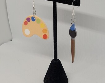 Paintbrush and palette mismatched dangle earrings, Miss Frizzle inspired statement jewelry, artist fashion accessory, art teacher gift ideas