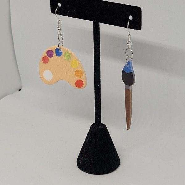 Paintbrush and palette mismatched dangle earrings, Miss Frizzle inspired statement jewelry, artist fashion accessory, art teacher gift ideas