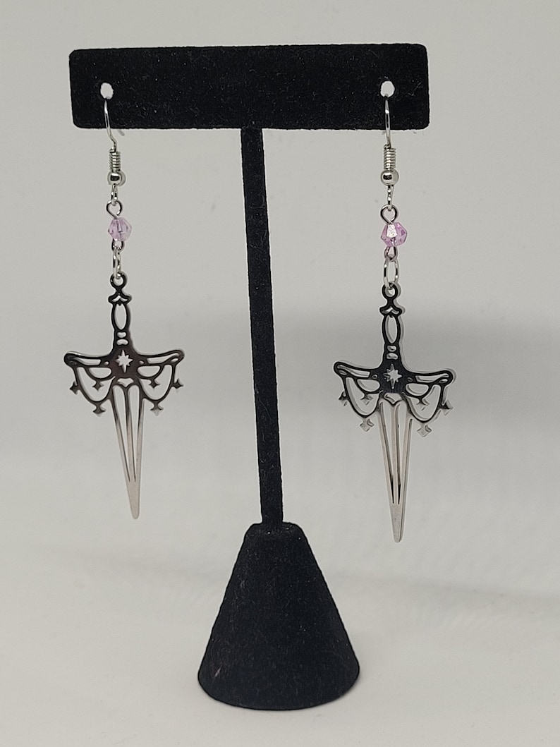 Ornate silver dagger beaded dangle earrings, ren faire inspired statement jewelry, alternative fashion accessory, fantasy gifts for her image 2