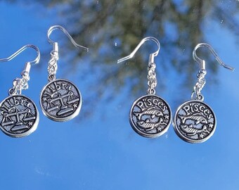 Zodiac symbol dangle earrings, astrology statement jewelry, alternative fashion accessory, witchy jewelry, gift ideas for her, fall trends