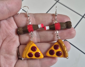 Pizza and cola beaded dangle earrings, food inspired statement jewelry, playful alternative fashion accessories, fun party earrings
