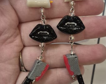 Femme Fatale cleaver beaded earrings, gothic inspired statement jewelry, horror lover fashion accessory, gifts for horror movie fans