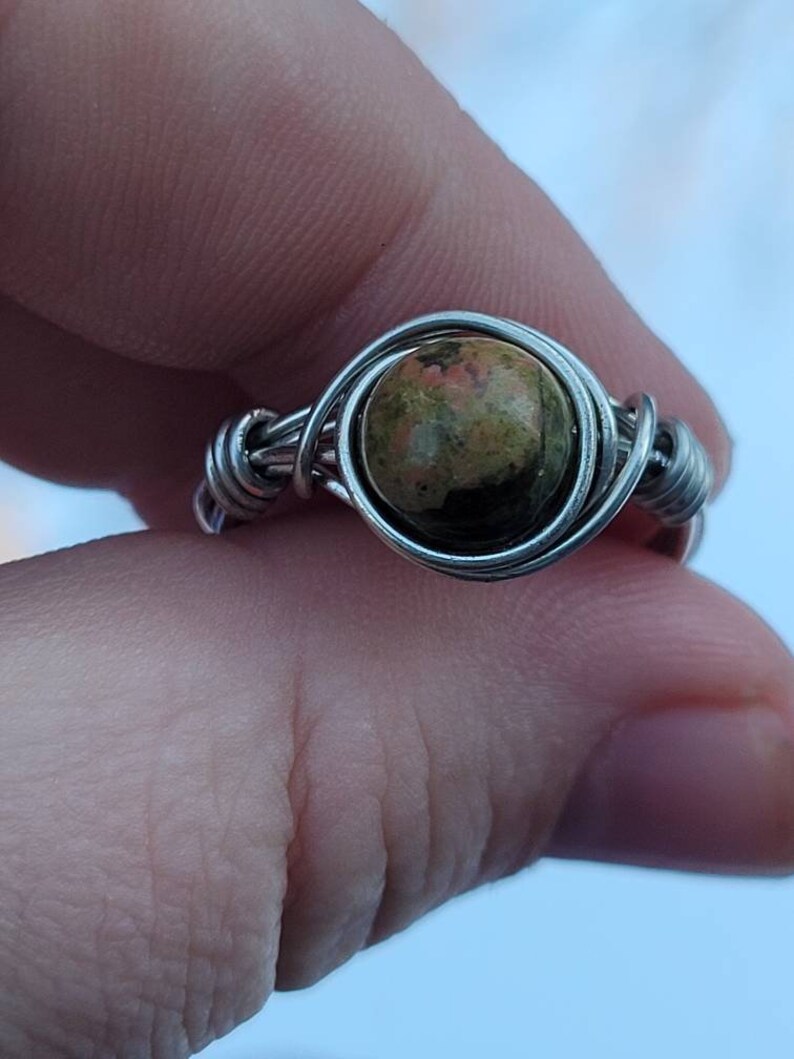 Unakite beaded wire wrapped ring, Statement Jewelry, Witchy accessory, Genuine Stone, Cottagecore, Gift for Her, Stocking Stuffers image 1