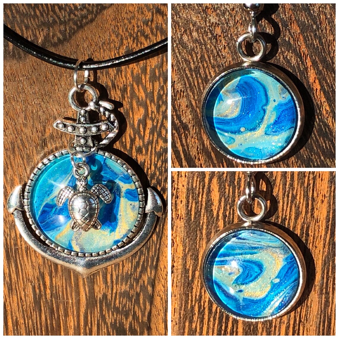 Acrylic Paint Pour Jewelry Set Silver Anchor with Blues and Etsy