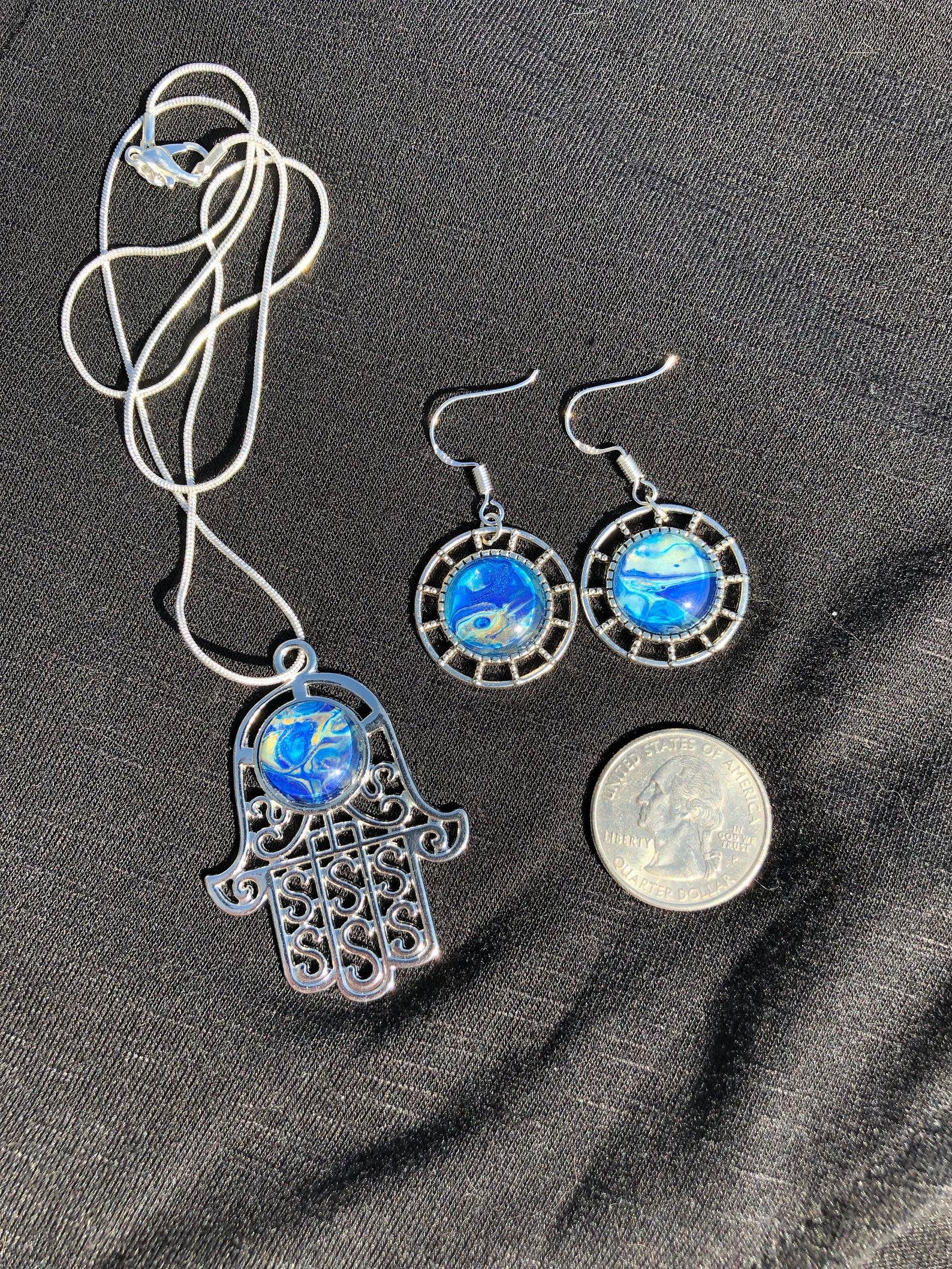Blue and Gold Acrylic Paint Pour Jewelry Set Hamsa Hand Etsy