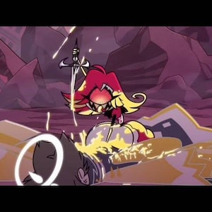 May include: A red and yellow cartoon character with a sword, standing over a defeated character lying on the ground. The background is a dark purple with rocky terrain.
