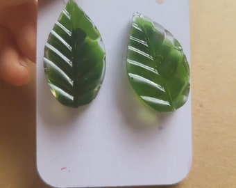 Green Leaf Large Stud Earrings