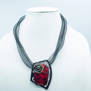 Handmade Statement Necklace, Bold Polymer Clay Pendant, Black Mesh Chain, Artistic Jewelry For Women, Unique Gift, Boho Chic Fashion