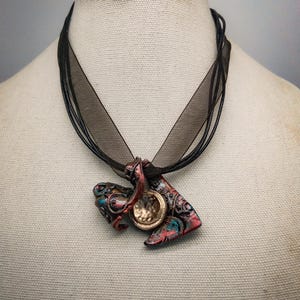 Handmade Polymer Clay Statement Necklace, Boho Abstract Pendant, Art Jewelry, Gold Accent