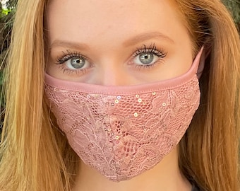 Face Mask Peach & Burgundy Lace designer Mask, Washable and Reusable Made in USA