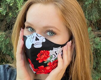 Face Mask Skull and Rose Print Cotton Face Mask With Inside Filter & Adjustable Ear Loop, Washable and Reversible Made in USA
