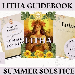 Puede incluir: Una guía digital para Litha, el solsticio de verano, con una ilustración colorida de una mujer con girasoles y un sol. La guía incluye indicaciones de escritura, rituales, indicaciones de diario y tiradas de cartas de tarot. Está disponible en tamaños US Letter y A4 y es una descarga instantánea de 44 páginas.