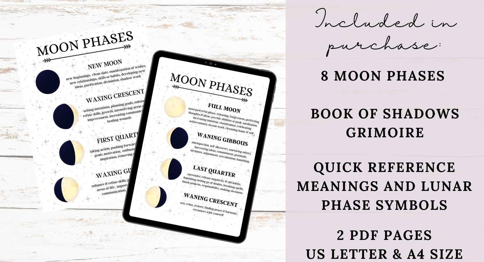 Moon Phases Meanings Cheat Sheet Printable Book of Shadow | Etsy Canada
