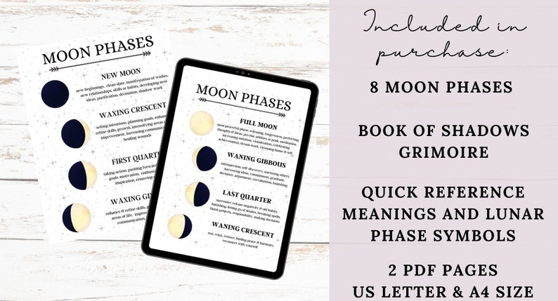 Moon Phases Meanings Cheat Sheet Printable Book of Shadow | Etsy Canada